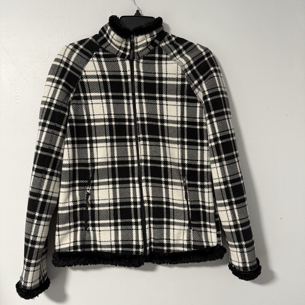 Green Tea Womens Fleece Jacket Black White Plaid‎ Faux Fur Minky Plush Lined S